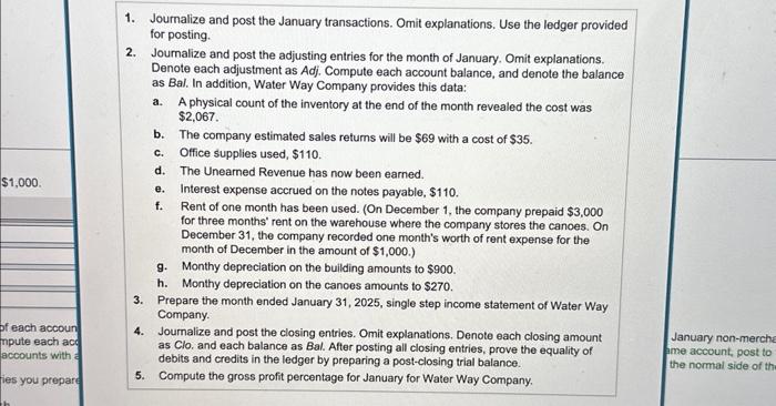 Solved 1. Journalize and post the January transactions. Omit | Chegg.com