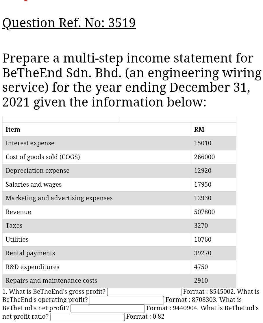 Solved Question Ref. No: 3519Prepare a multi-step income | Chegg.com