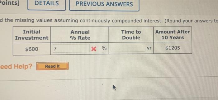 Solved Points] DETAILS PREVIOUS ANSWERS d the missing values | Chegg.com