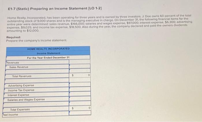 Solved E1-7 (Static) Preparing an Income Statement [LO 1-2] | Chegg.com