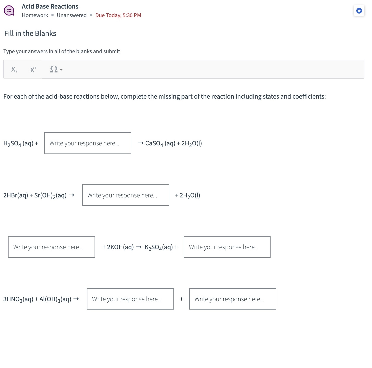 Solved Acid Base ReactionsHomework * ﻿Unanswered * ﻿Due | Chegg.com