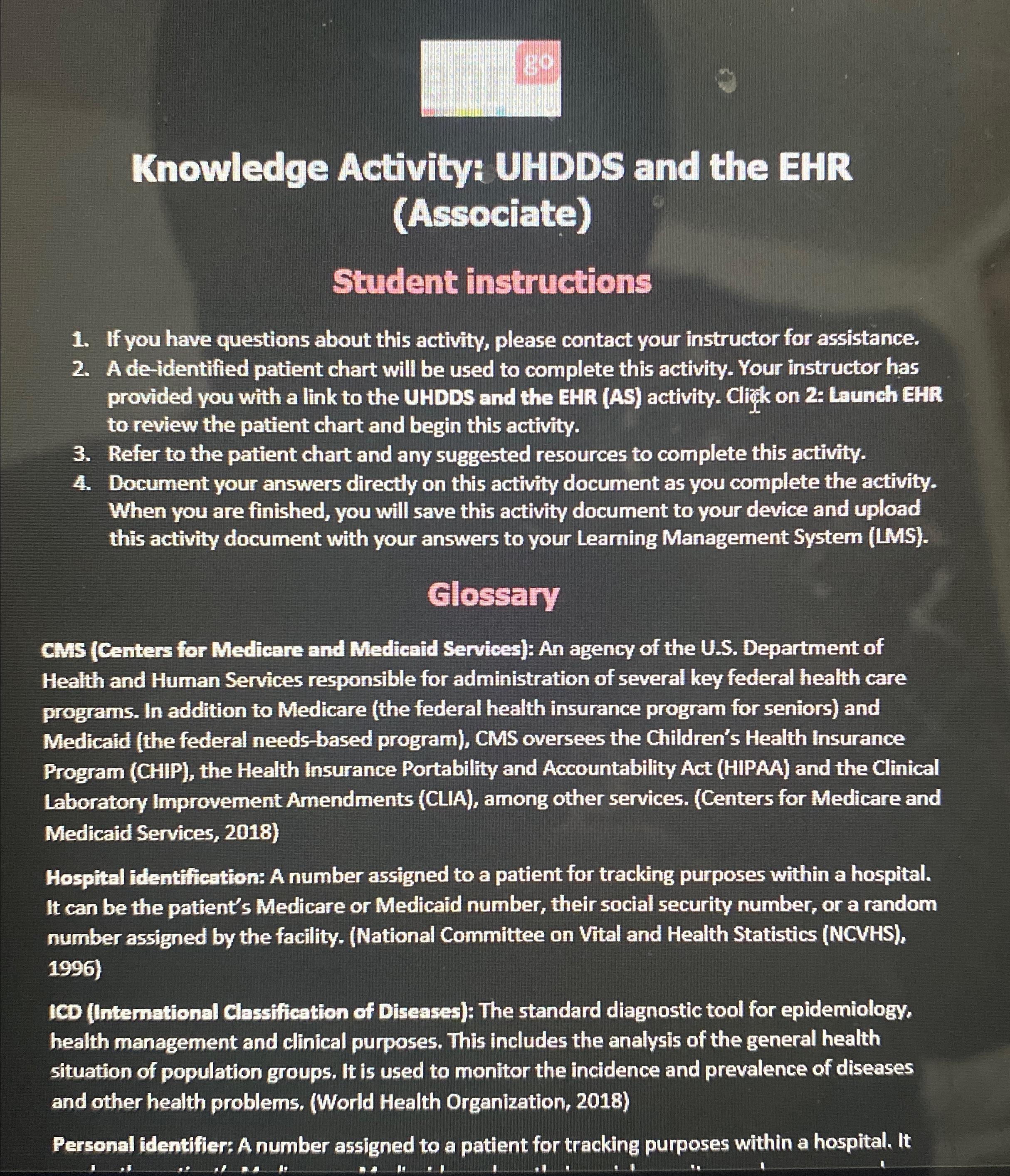 Solved Knowledge Activity: UHDDS and the EHR | Chegg.com
