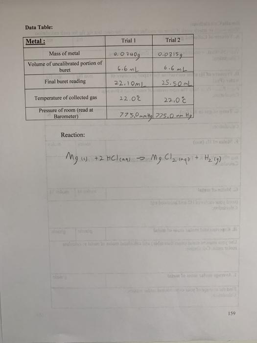 Solved Data Table: Trial 1 Trial 2 Metal : Mass of metal | Chegg.com
