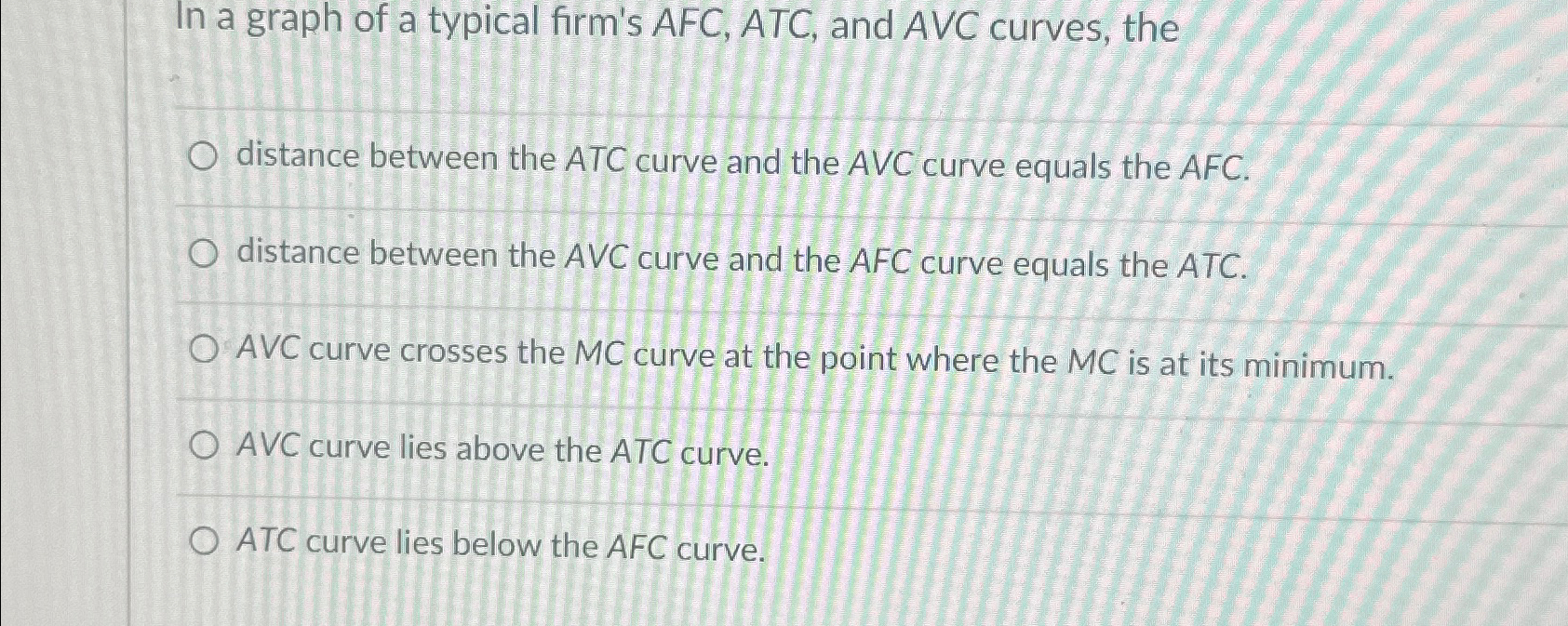 Solved In a graph of a typical firm's AFC, ATC, and AVC | Chegg.com