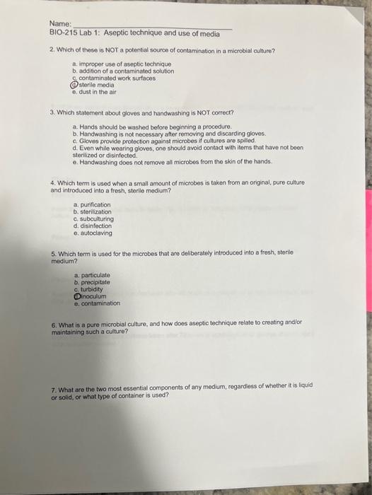Solved Name: BlO-215 Lab 1: Aseptic technique and use of | Chegg.com