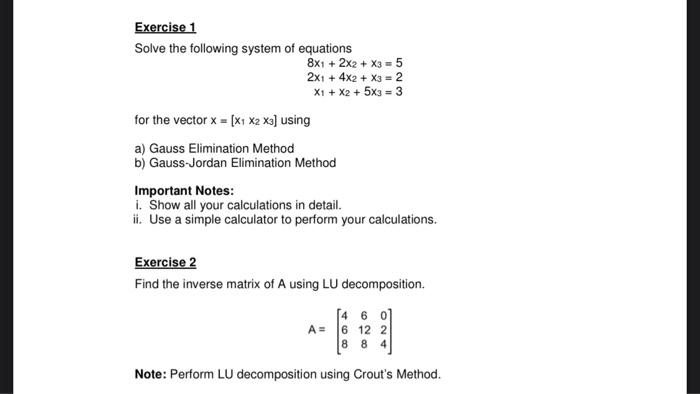 Solved Exercise 1 Solve the following system of equations | Chegg.com