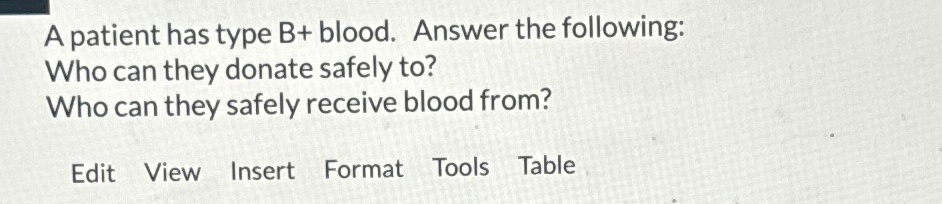 Solved A patient has type B+ ﻿blood. Answer the | Chegg.com