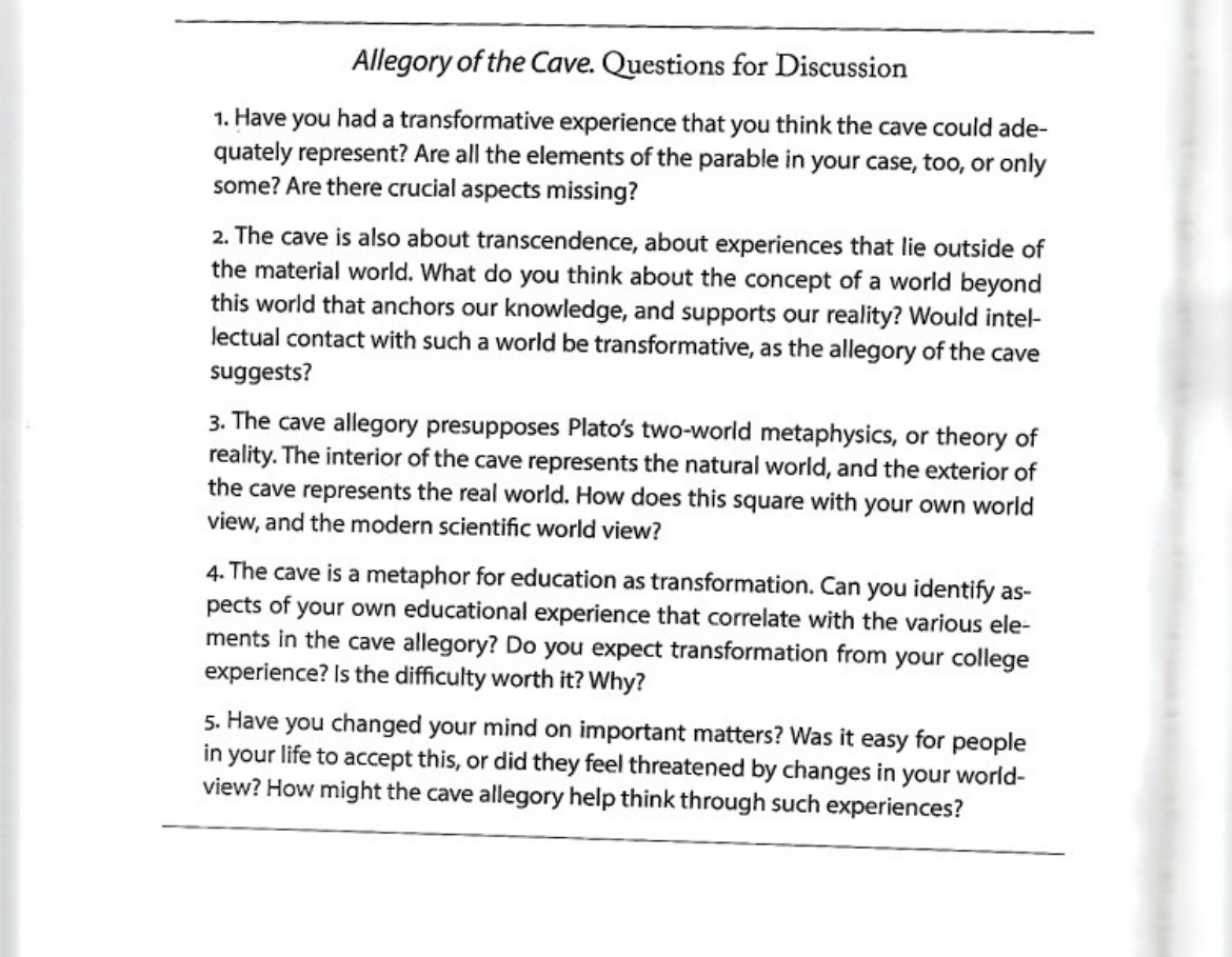 Solved Allegory of the Cave. Questions for DiscussionHave