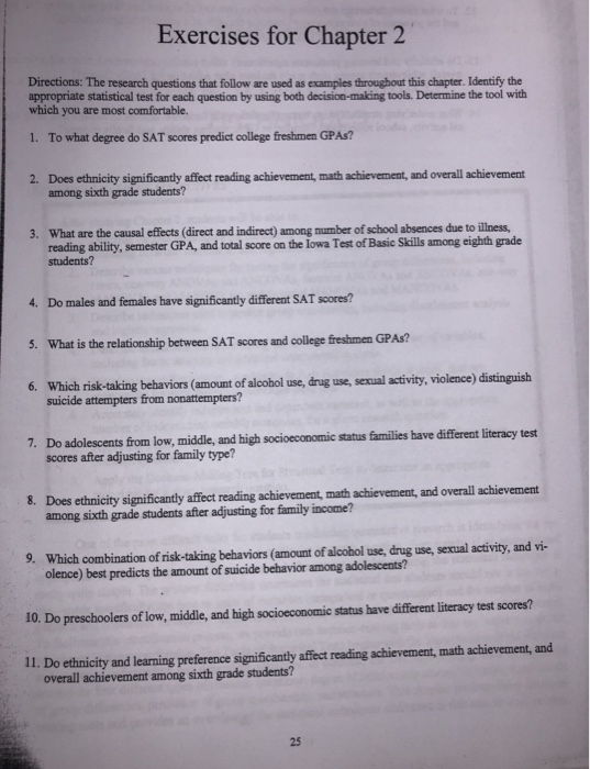 Solved Exercises for Chapter 2 Directions: The research | Chegg.com