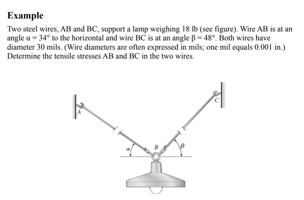 Solved Example Two steel wires, AB and BC, support a lamp | Chegg.com
