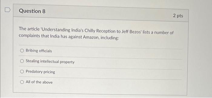 Solved Question 8 2 pts The article 'Understanding India's | Chegg.com