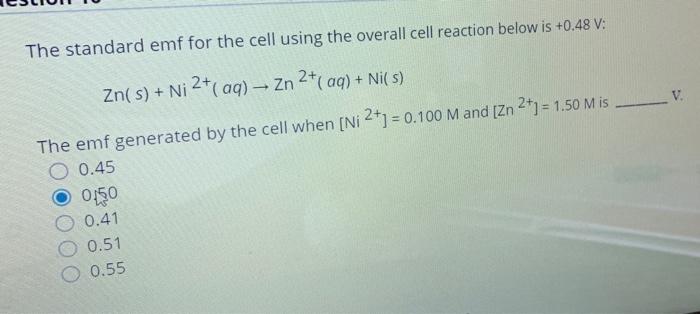 Solved The standard emf for the cell using the overall cell | Chegg.com