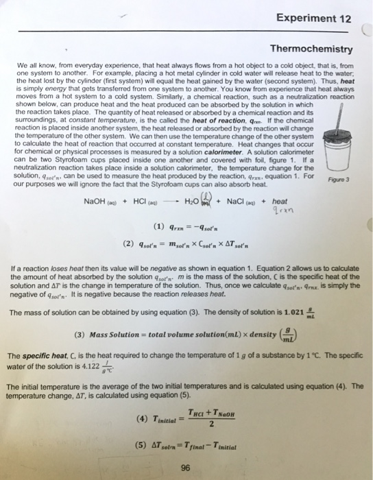 Solved Report Sheet for Experiment 12 Thermochemistry All