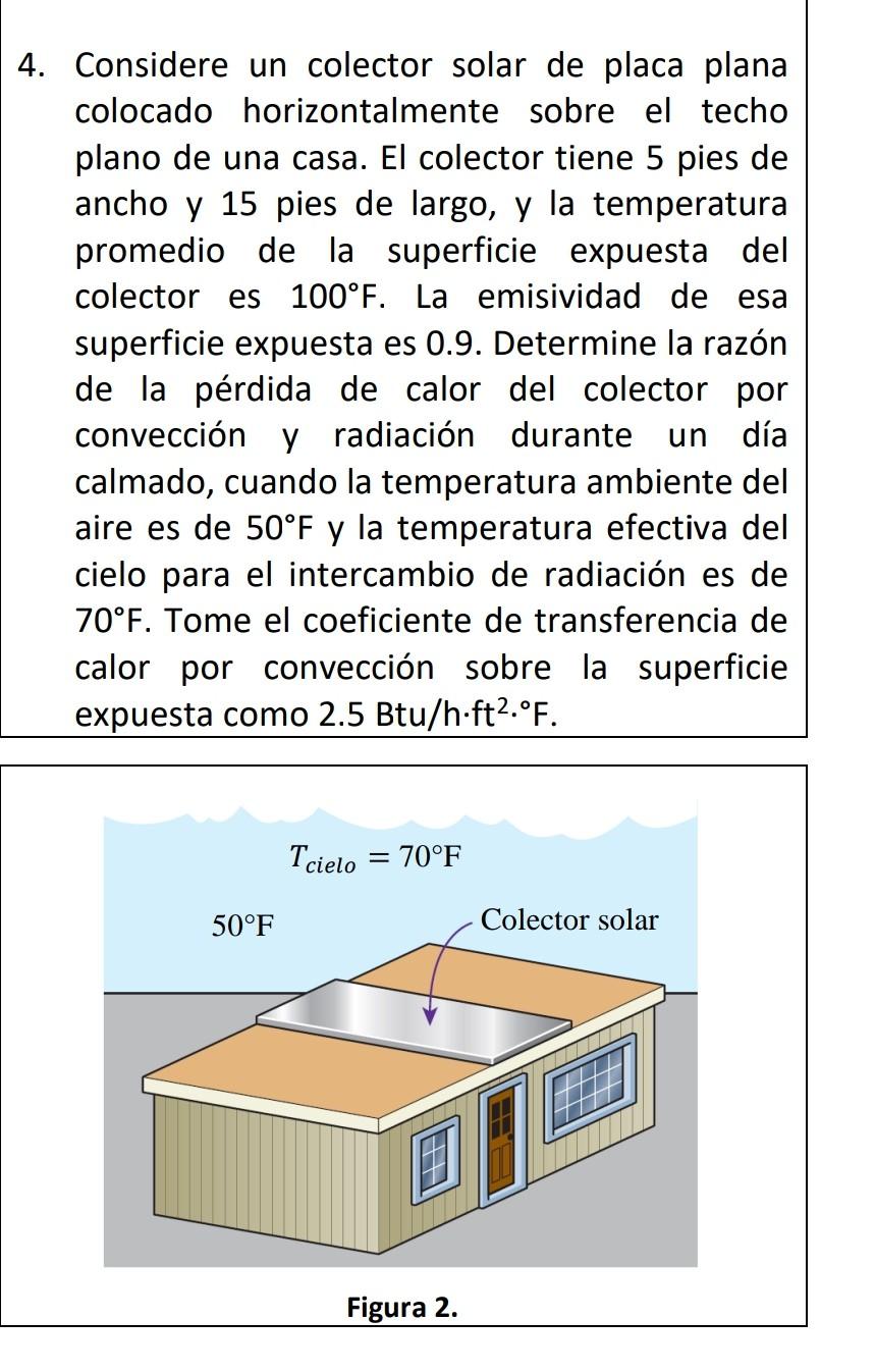 Considere un colector solar de placa plana colocado horizontalmente sobre el techo plano de una casa. El colector tiene 5 pie