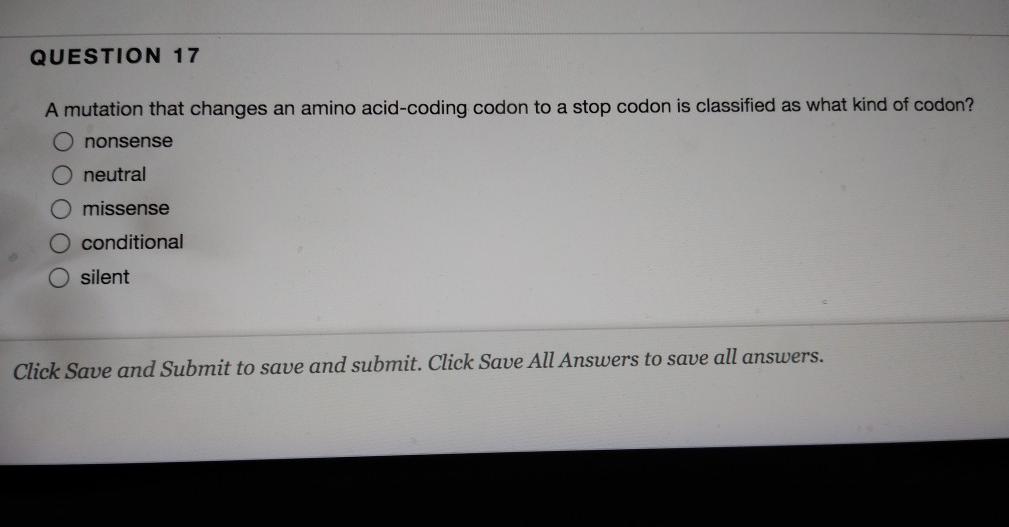 Solved QUESTION 17 A mutation that changes an amino | Chegg.com
