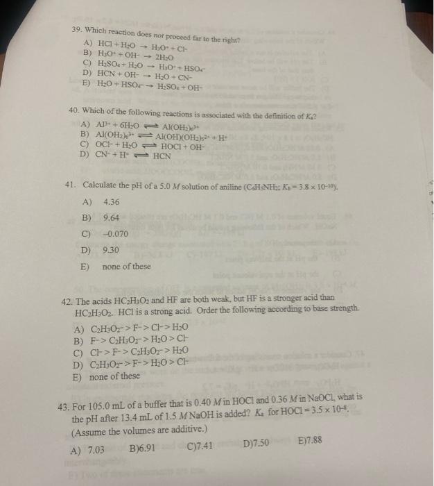 Solved 39. Which reaction does nor proceed far to the righn? | Chegg.com