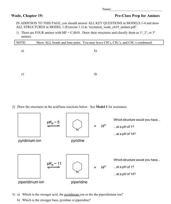 Solved Wade, Chapter 19: Pre-Class Prep for Amines IN | Chegg.com