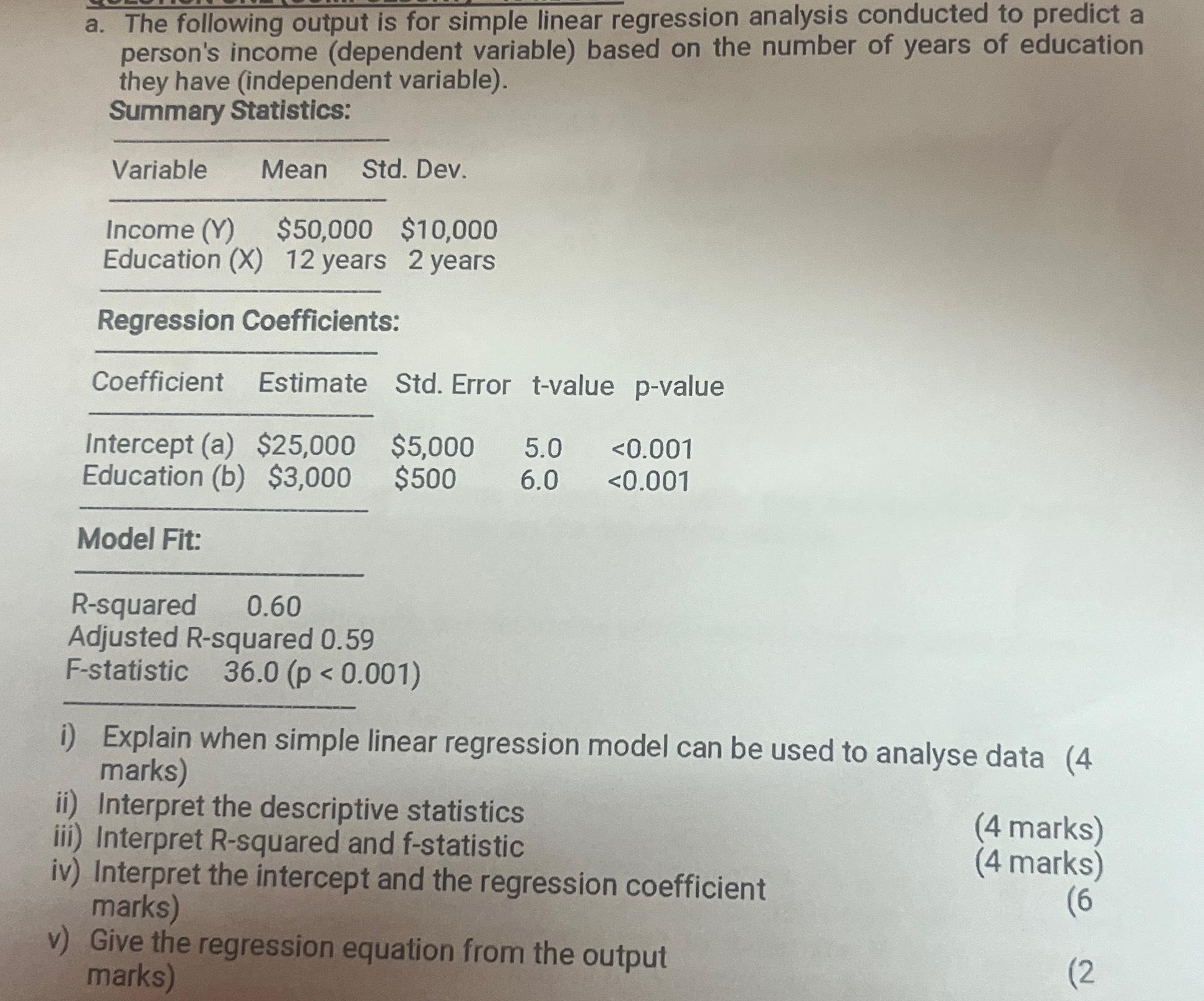 Solved a. ﻿The following output is for simple linear | Chegg.com