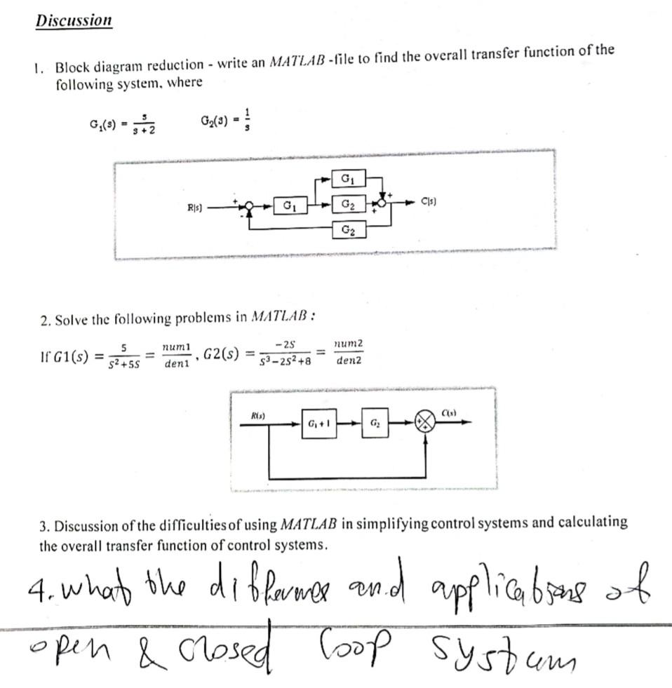Solved 1. Block diagram reduction - write an MATLAB - file | Chegg.com