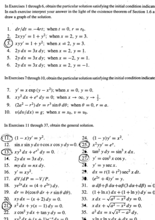 Solved H. W dy II = dy dx Exercises Solve the differential | Chegg.com