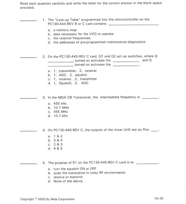Solved Read each question carefully and write the letter for | Chegg.com