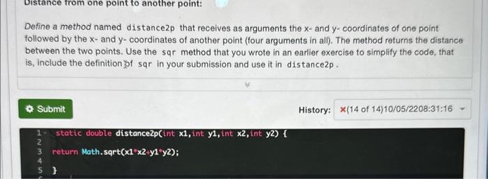 Solved Define a method named distance2p that receives as | Chegg.com