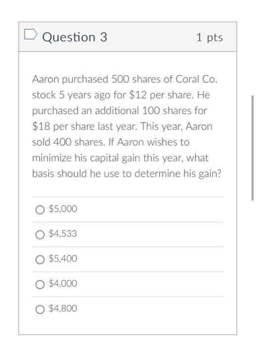 Solved Question 3 1pts Aaron Purchased 500 Shares Of Coral | Chegg.com