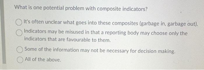 What is one potential problem with composite indicators?
Its often unclear what goes into these composites (garbage in, garb
