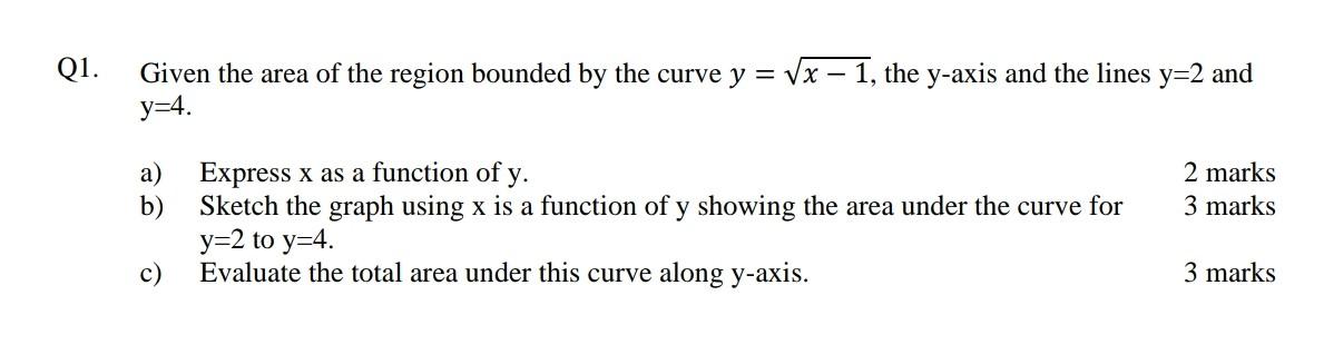 Solved Q1. Given the area of the region bounded by the curve | Chegg.com
