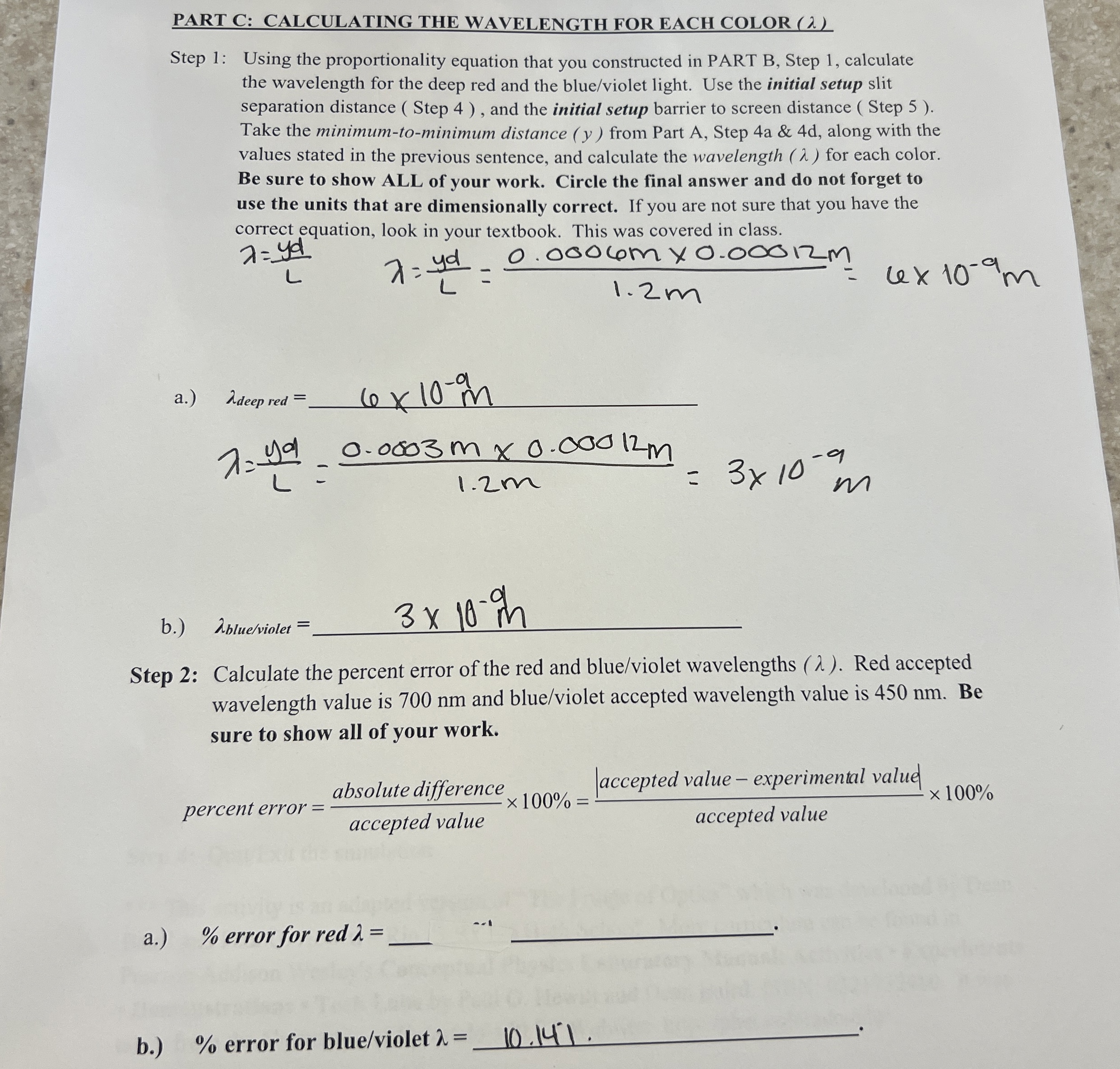 PART C: CALCULATING THE WAVELENGTH FOR EACH COLOR | Chegg.com