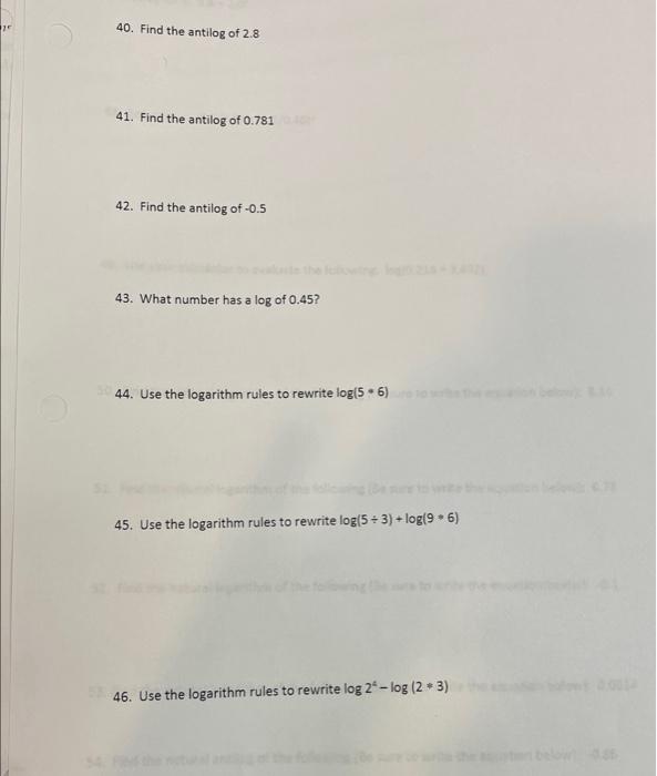 Solved 40. Find the antilog of 2.8 41. Find the antilog of | Chegg.com