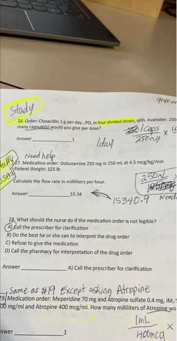 Solved 26. Order; Cloxacillin 1 g per day, PO, in four | Chegg.com