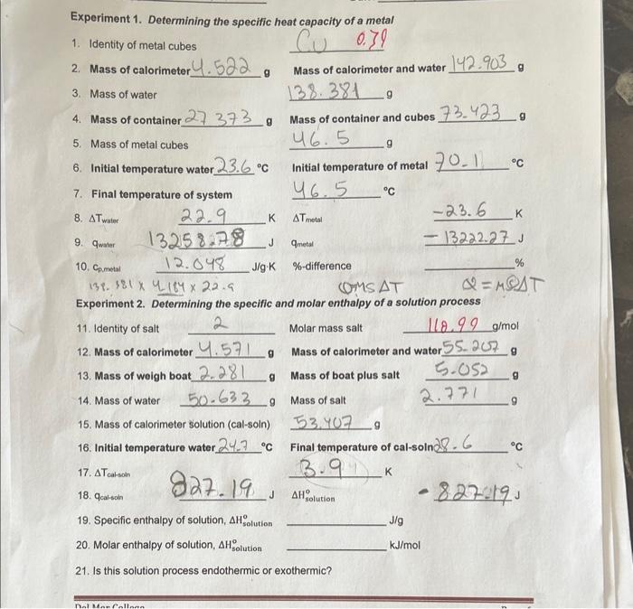 experiment 1 specific heat of a metal