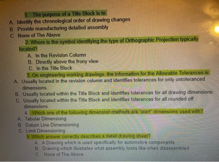 Solved 1. The purpose of a Title Block is to! A. Identify