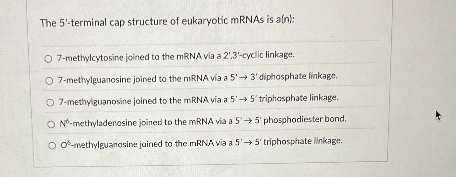 Solved The 5'-terminal cap structure of eukaryotic mRNAs is | Chegg.com