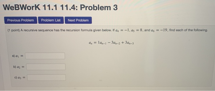 Solved WebWork 11.1 11.4: Problem 3 Previous Problem Problem | Chegg.com
