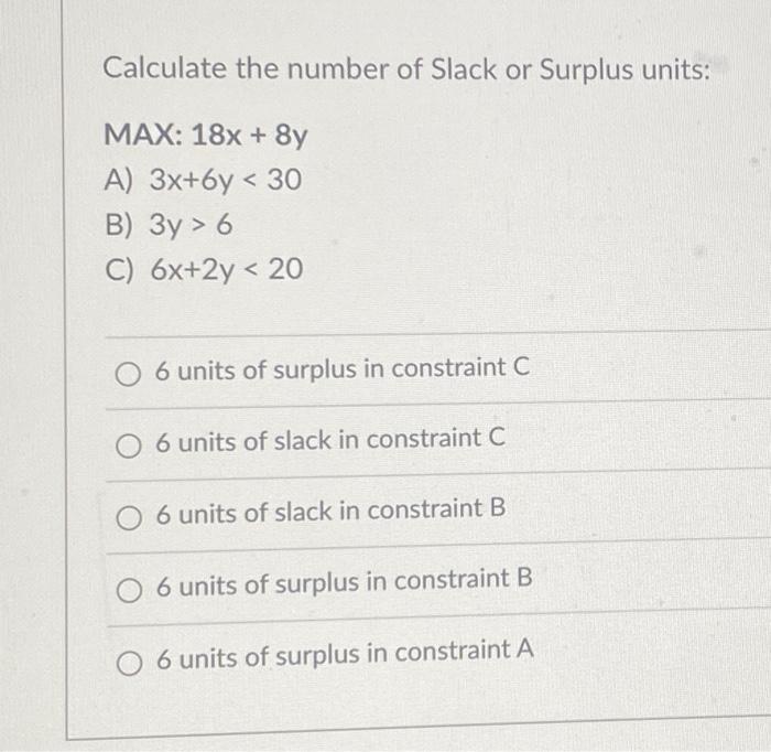 Solved Calculate the number of Slack or Surplus units: MAX: | Chegg.com