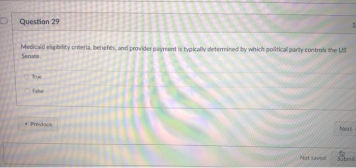 Question 29 Medicaid eligibility criteria, benefits, and provider payment is typically determined by which political party co