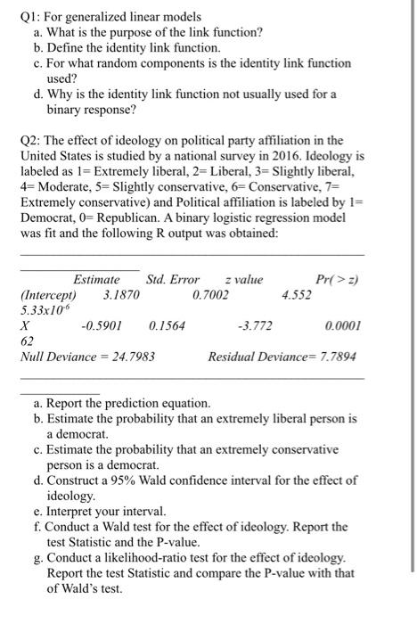 Solved Q1: For generalized linear models a. What is the | Chegg.com