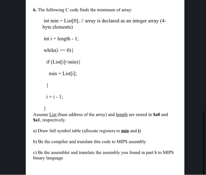 Solved 6. The following code finds the minimum of array: int | Chegg.com