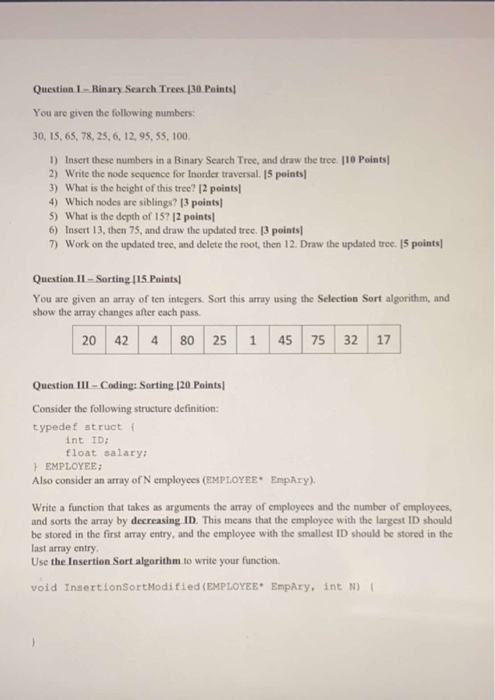 Solved Question I - Binary Search Trees [30 Points! You are | Chegg.com