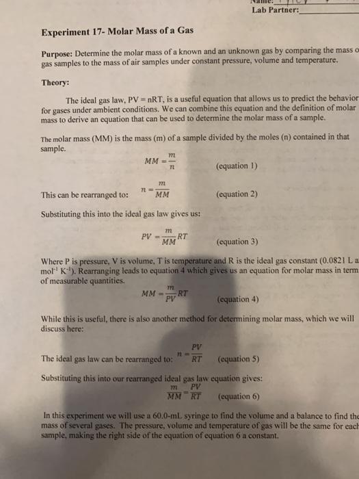molar mass of unknown gas lab