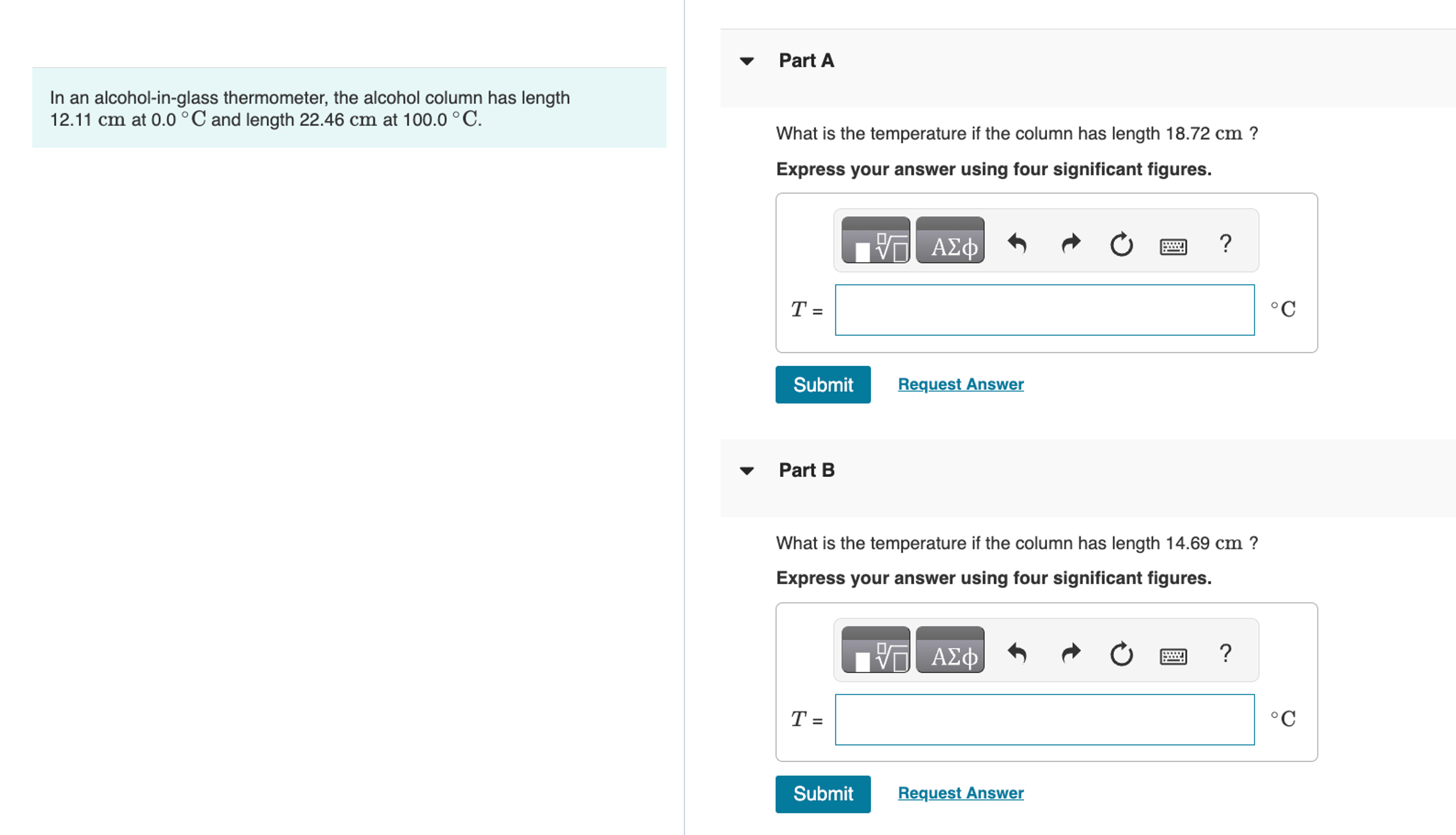 Solved Part AIn an alcoholinglass thermometer, the alcohol