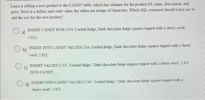 Laura is adding a new product to the CANDY table, which has columns for the product ID, name, description, and price. Price i