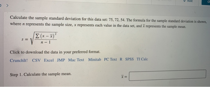 Solved Hint CH Calculate the sample standard deviation for | Chegg.com