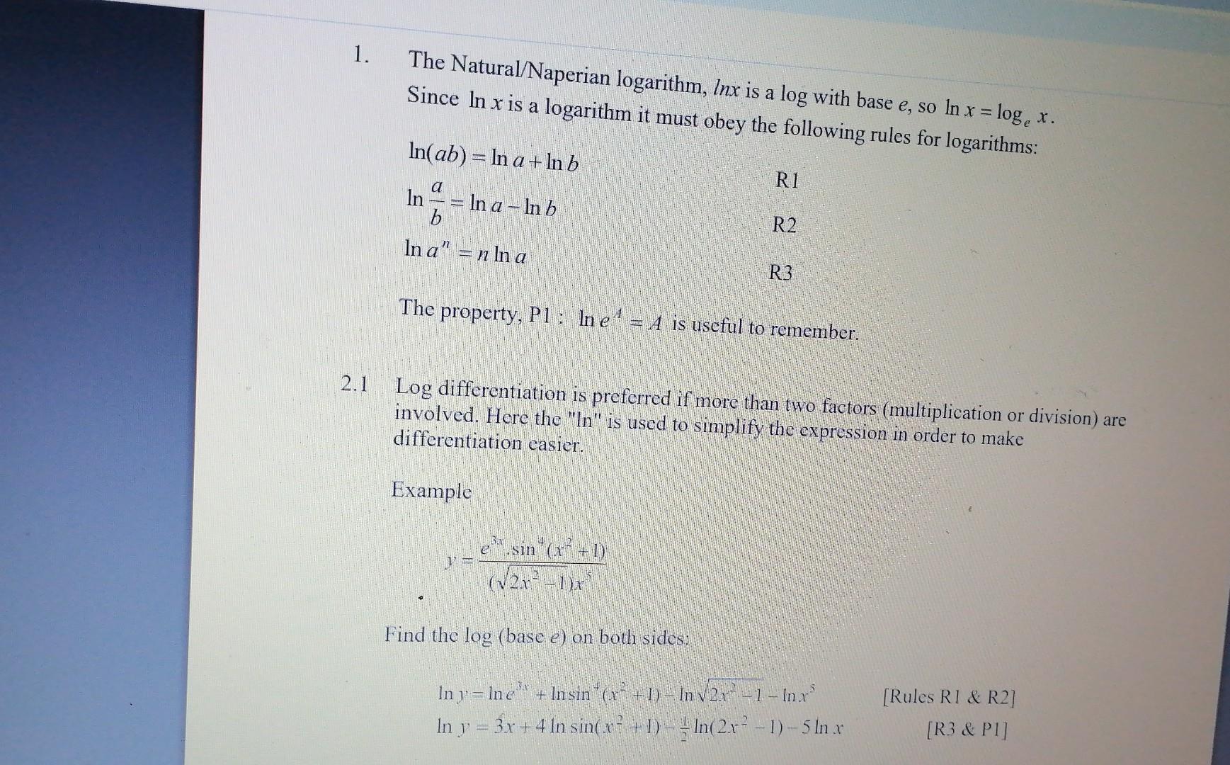 Solved 1. The Natural/Naperian logarithm, lnx is a log with