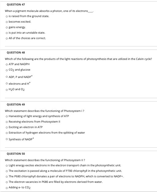 Solved Question 47 When A Pigment Molecule Absorbs A Photon, | Chegg.com Solved Question 47 When A Pigment Molecule Absorbs A Photon, | Chegg.com
