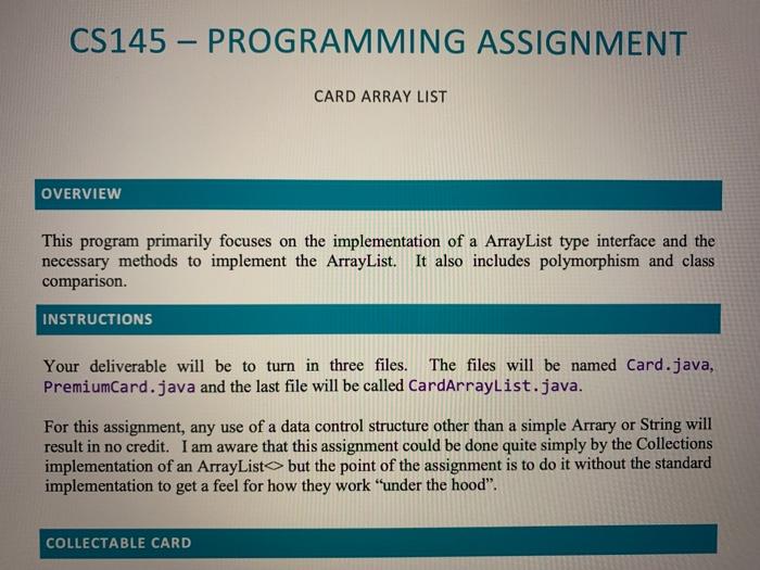 CS145 - PROGRAMMING ASSIGNMENT CARD ARRAY LIST | Chegg.com