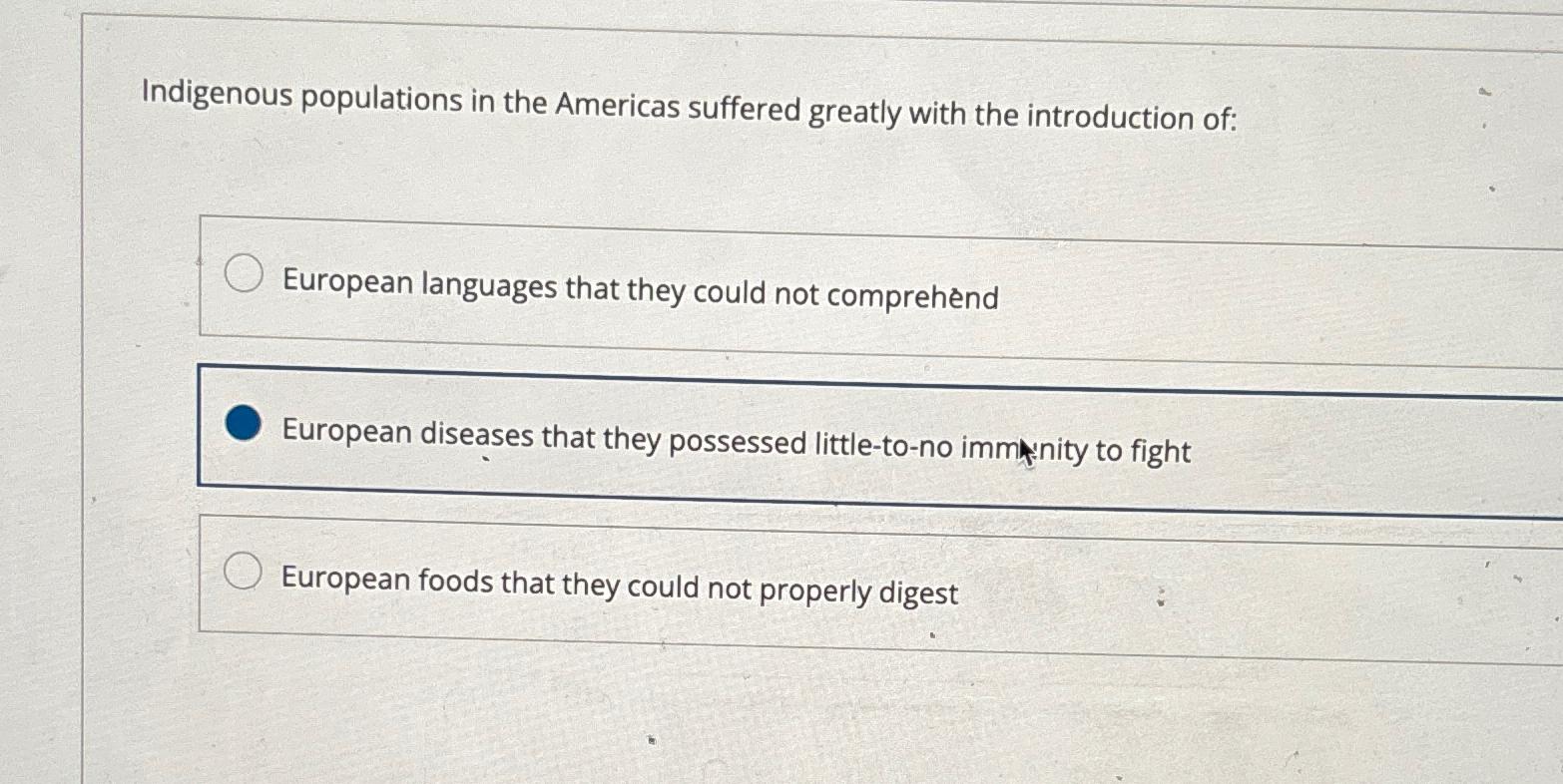 Solved Indigenous populations in the Americas suffered | Chegg.com