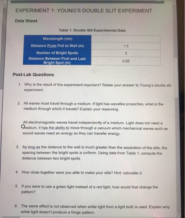 Solved Youngs double slit experiment. Please answer | Chegg.com